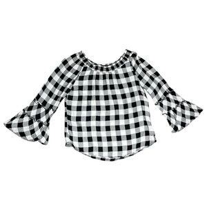 JUSTICE Buffalo Plaid Off Shoulder Bell Sleeve Blouse Black/White 16Y/Women's S